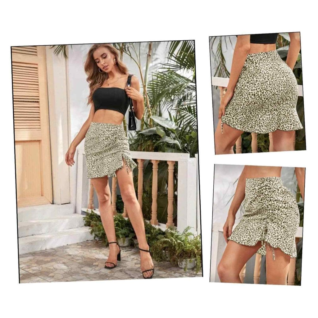 Shein Mini Skirt Size L 8/10 Leopard Ruffle Hem Rouching Animal Print